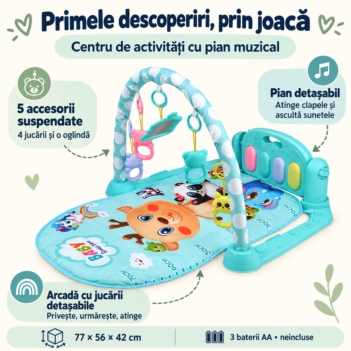 Caracteristicile centrului de activități albastru LUDIRO: pian detașabil, cinci accesorii și dimensiuni
