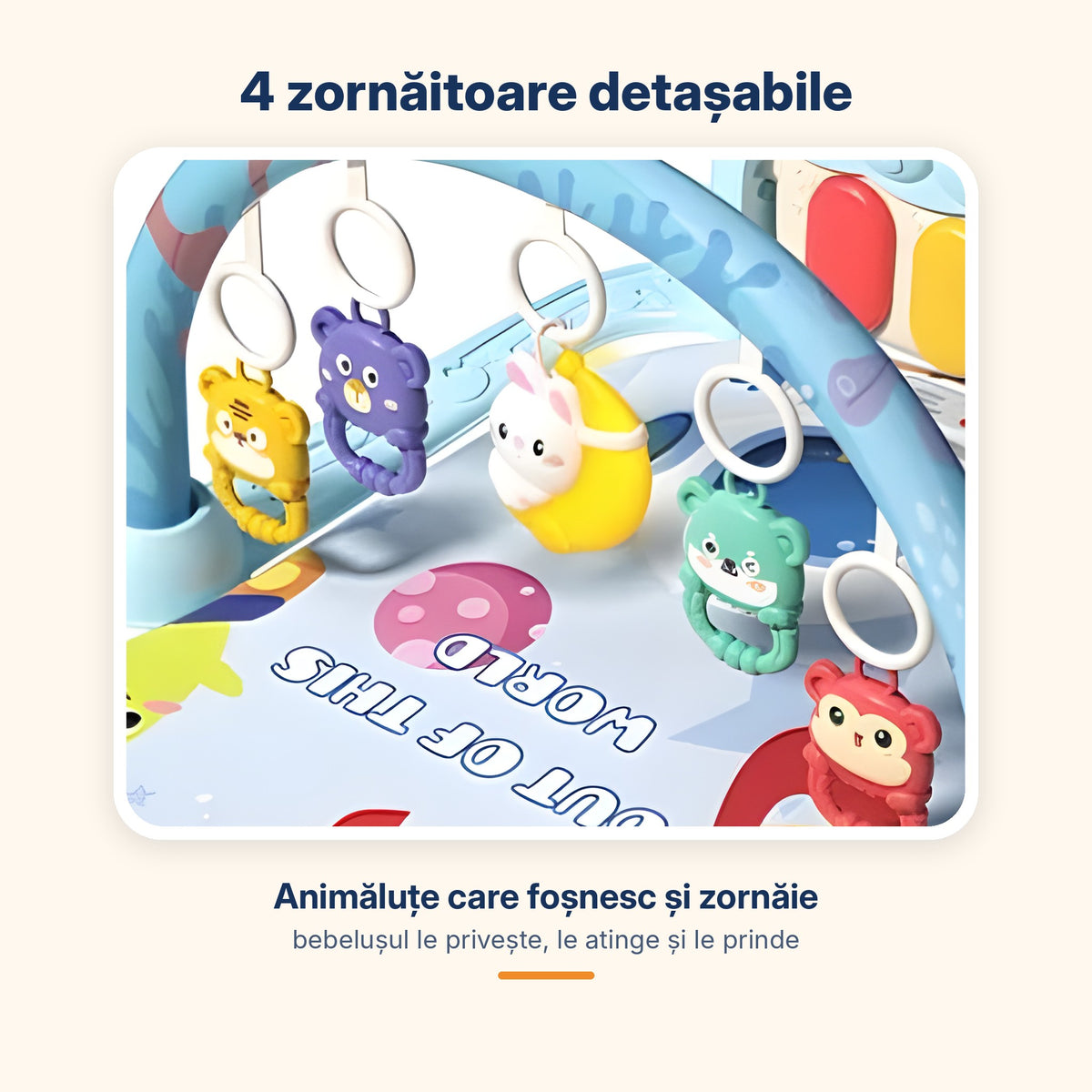 Cele 4 zornăitoare detașabile (tigru, urs, ursuleț verde, maimuță) și iepurașul-lună pe arcada albastră
