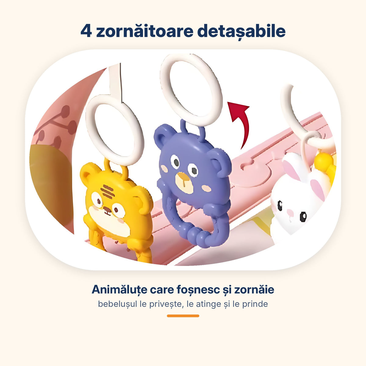 Zornăitoarele detașabile tigru și urs, agățate de inelele arcadei roz