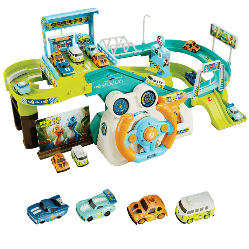 Set de circuit auto Dino cu simulator de condus și cele patru modele de mașinuțe incluse.