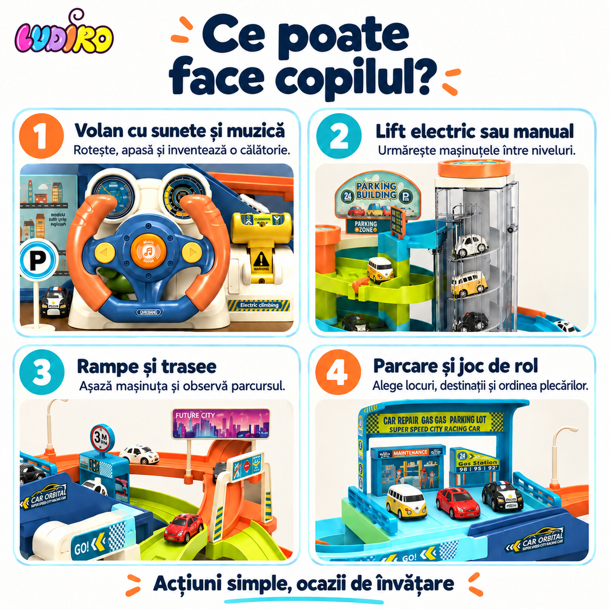 Funcțiile circuitului de parcare: volan cu sunete, lift electric/manual, rampe și parcare pentru jocuri de rol.