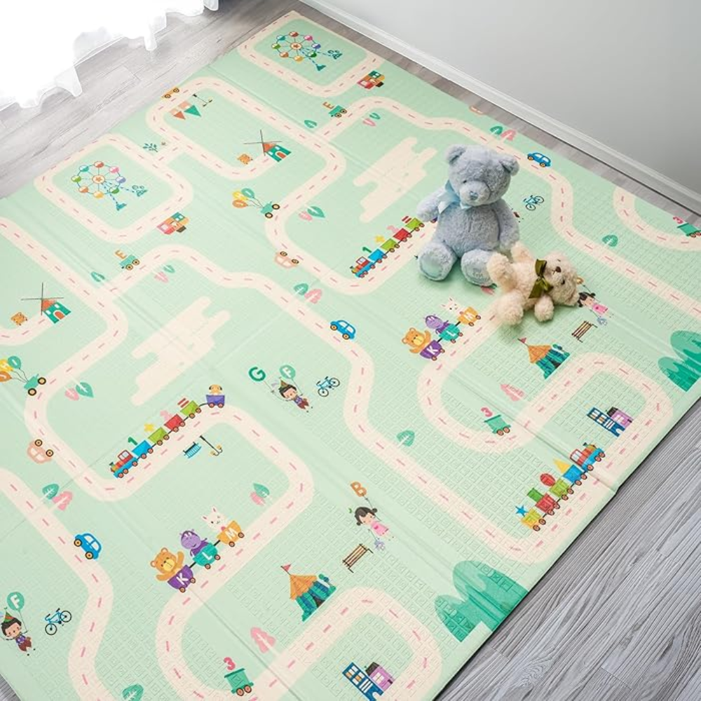 Covor educativ pliabil LUDIRO din spumă XPE, 2 fețe, 180x150 cm, model Girafă și Circuit - LUDIRO