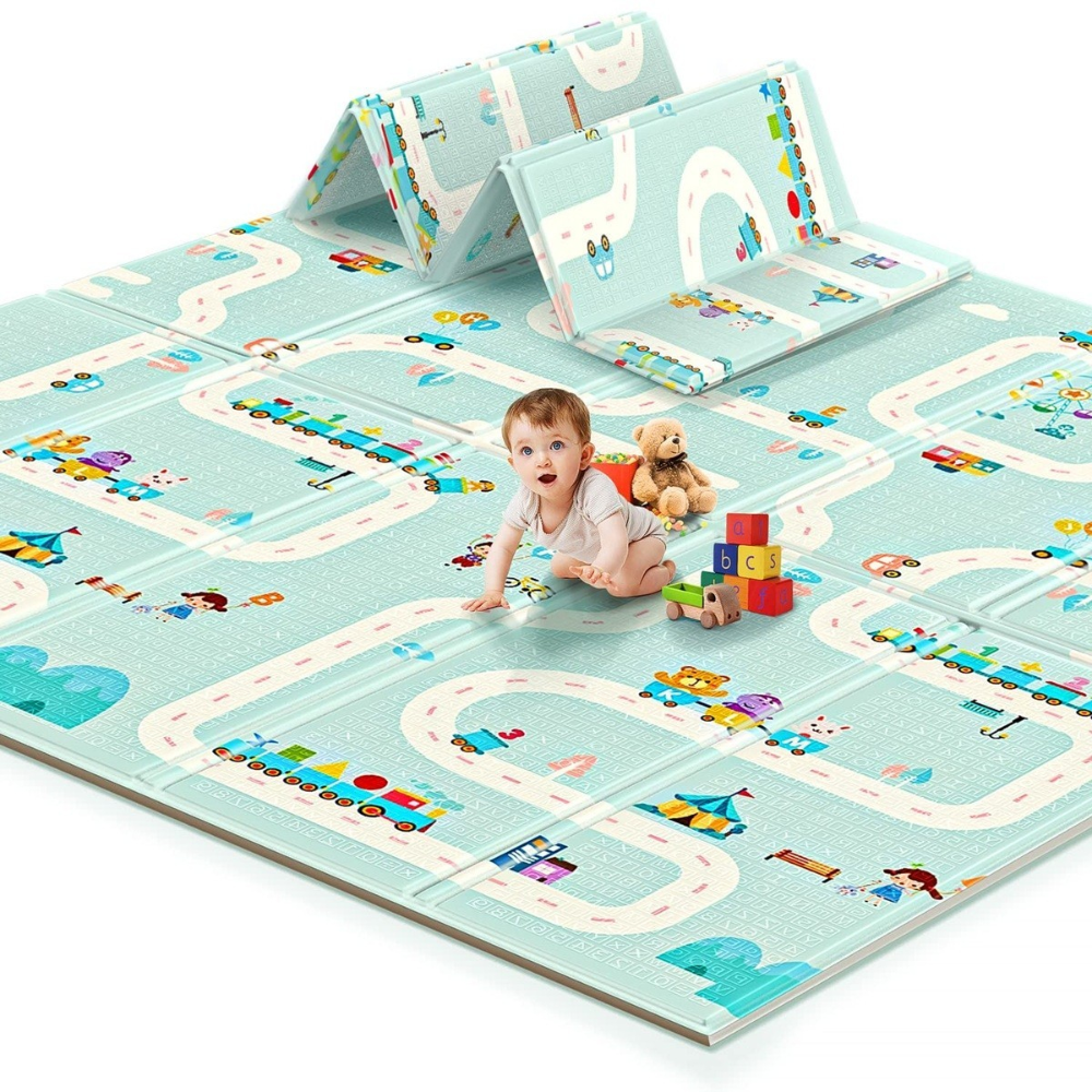 Covor educativ pliabil LUDIRO din spumă XPE, 2 fețe, 180x150 cm, model Girafă și Circuit - LUDIRO