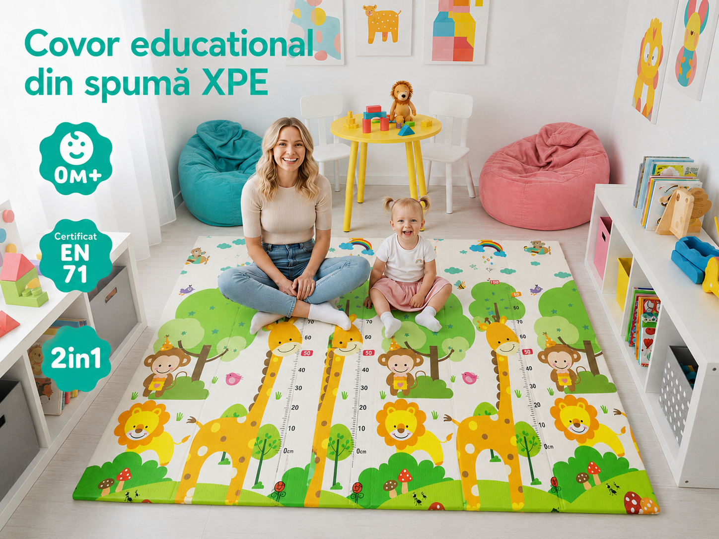 Covor educativ pliabil LUDIRO din spumă XPE, 2 fețe, 180x150 cm, model Girafă și Circuit - LUDIRO