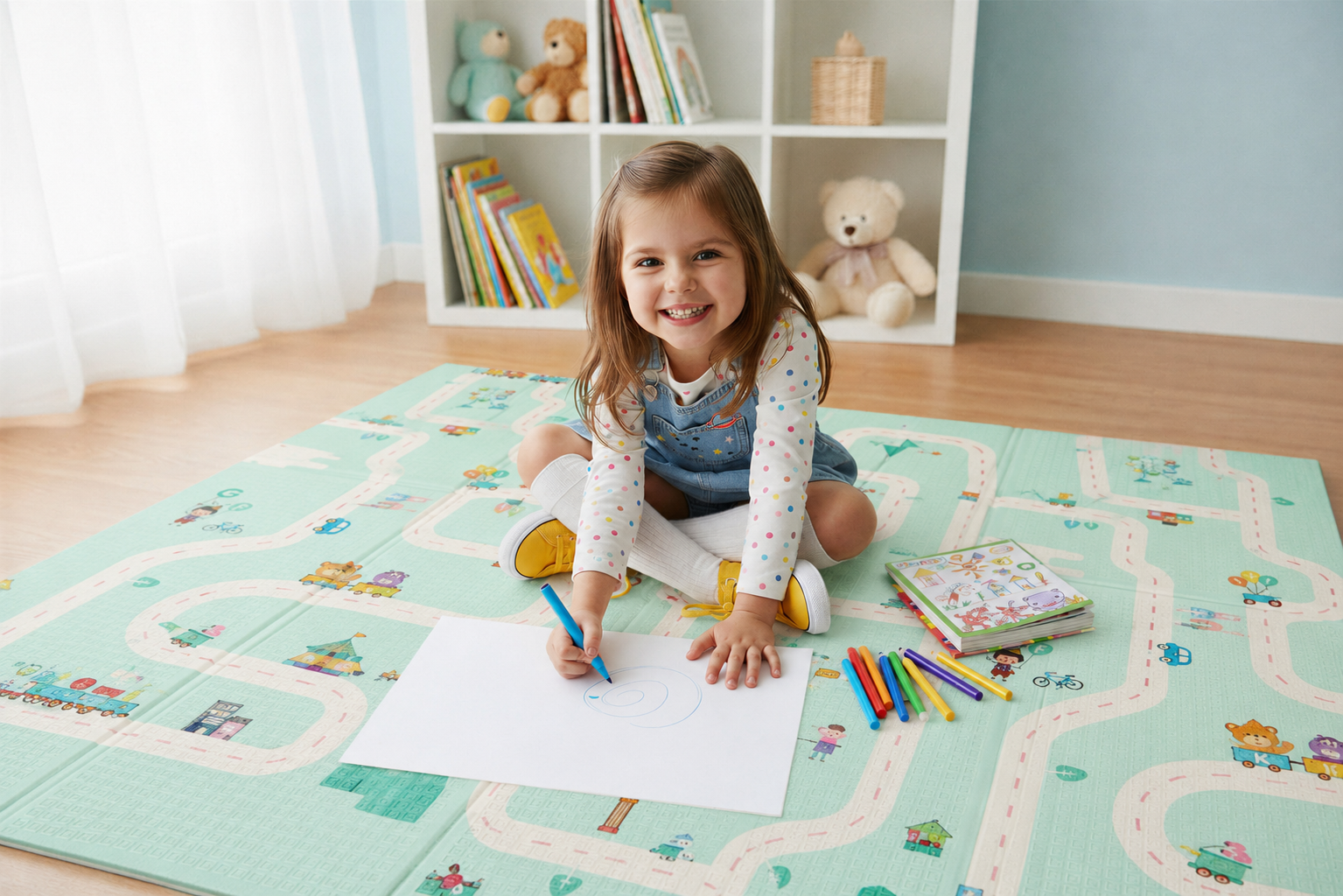 Covor educativ pliabil LUDIRO din spumă XPE, 2 fețe, 180x150 cm, model Girafă și Circuit - LUDIRO