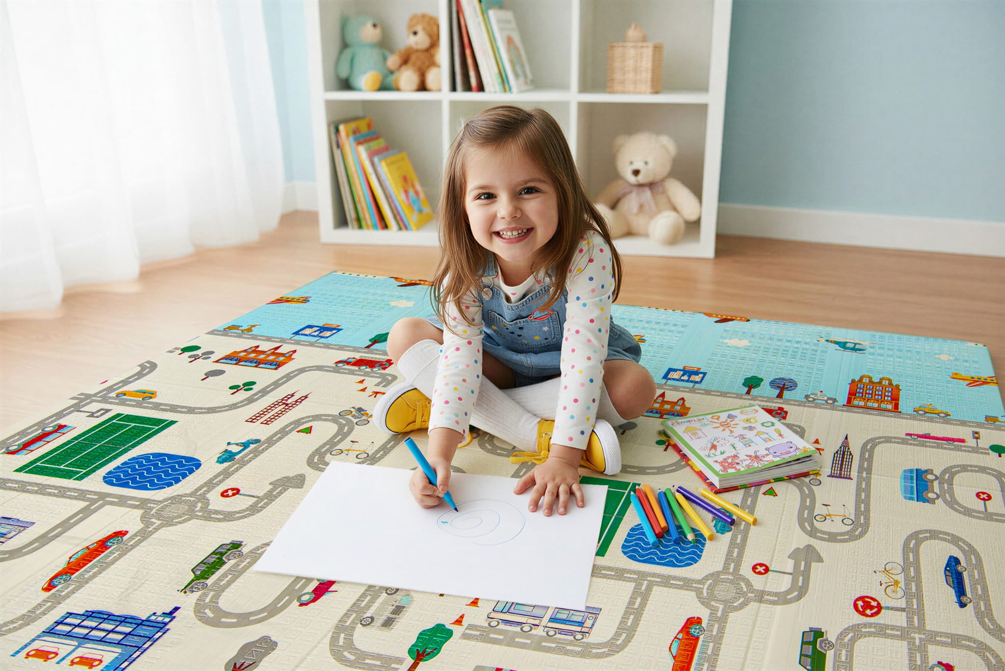 Covor educativ pliabil LUDIRO din spumă XPE, 180x150x1 cm, 2 fețe, Oraș și Ursuleți, 0 luni+ - LUDIRO
