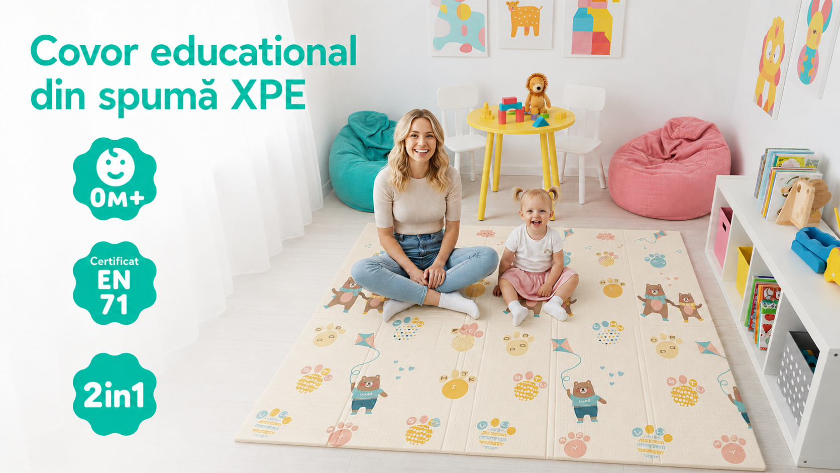 Covor educativ pliabil LUDIRO din spumă XPE, 180x150x1 cm, 2 fețe, Oraș și Ursuleți, 0 luni+ - LUDIRO