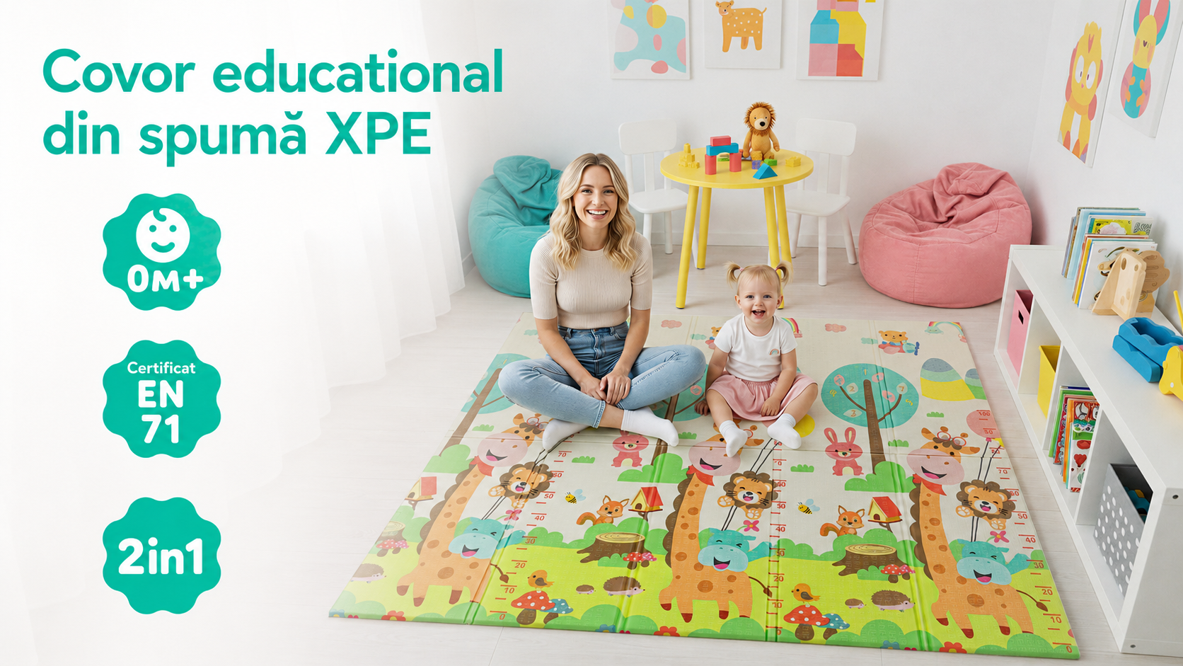 Covor educativ pliabil LUDIRO din spumă XPE, 200x180x1 cm, 2 fețe, termoizolant, Girafe și Oraș, 0 luni+ - LUDIRO