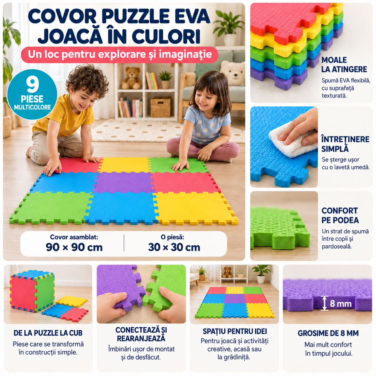 Covor puzzle EVA LUDIRO: 9 piese de 30 × 30 cm, covoraș de 90 × 90 cm și grosime de 8 mm, cu idei de joacă și întreținere.