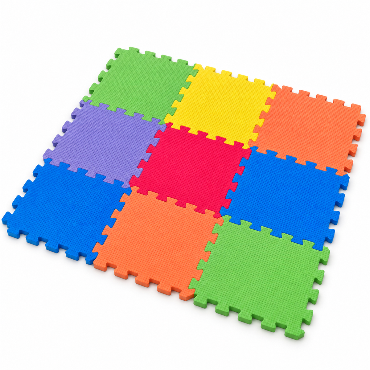Covor puzzle EVA LUDIRO cu 9 piese multicolore îmbinate în format 3 × 3, dimensiune totală 90 × 90 cm și grosime de 8 mm.