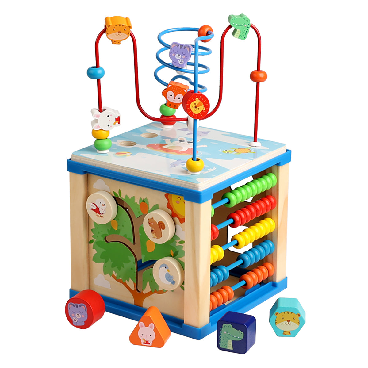 Cub de activități din lemn LUDIRO 6 în 1, albastru și multicolor, cu labirint de bile, abac și patru forme de sortat