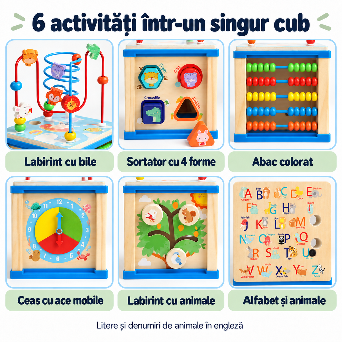 Cele șase activități ale cubului LUDIRO: labirint de bile, sortator, abac, ceas, labirint cu animale și alfabet