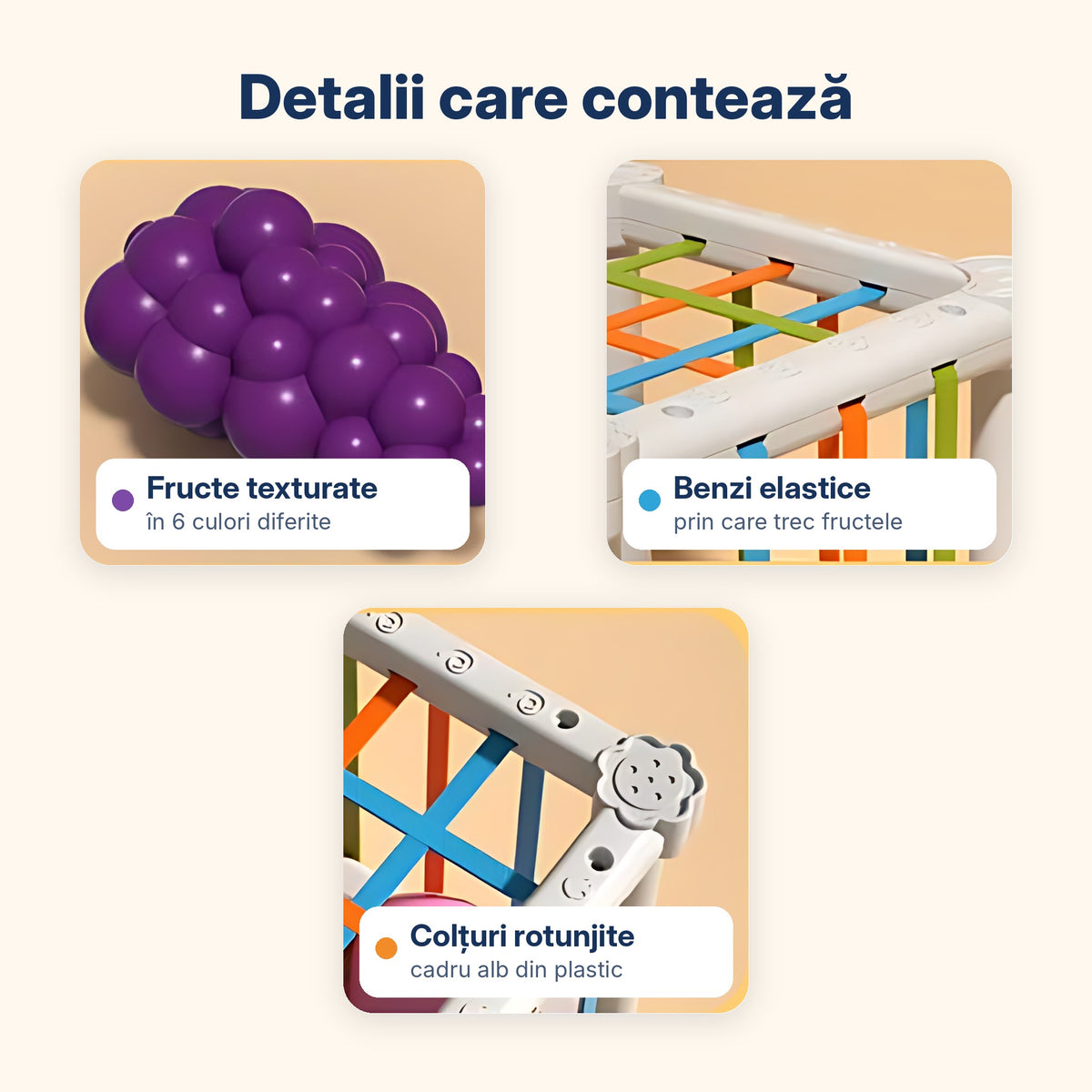 Detalii cub senzorial: fructe texturate, benzi elastice colorate și colțuri rotunjite