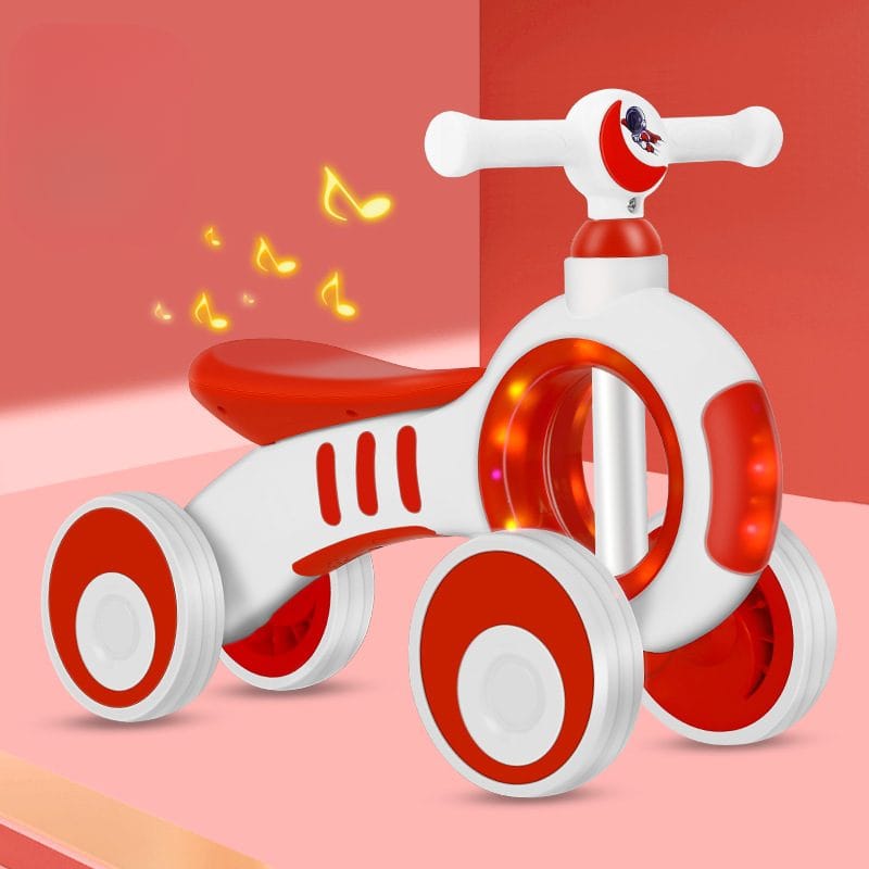 Bicicleta de Echilibru fara Pedale LUDIRO 2 in 1, 4 Roti Antialunecare, Structura Stabila, Margini Rotunjite, Lumini Colorate si Sunete Interactive, Sustine Dezvoltarea Timpurie, Alb Rosu, + 2 Ani - LUDIRO