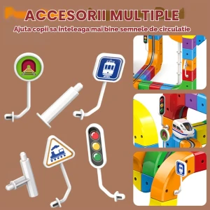 Circuit Trenuleț Electric 3D, Set Construcție Interactiv Cube Track, 81 Piese, Tren cu Acumulator USB și Lumini, Semne de Circulație, +3 Ani - LUDIRO