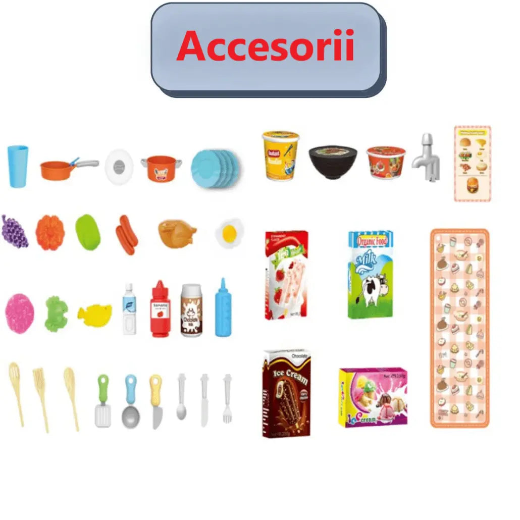 Bucatarie Multifunctionala pentru Copii, 42 Piese, Lumini si Sunete Realiste, Aragaz, Cuptor, Chiuveta Functionala cu Apa, Bej Rose, 63x47x23 Cm - LUDIRO