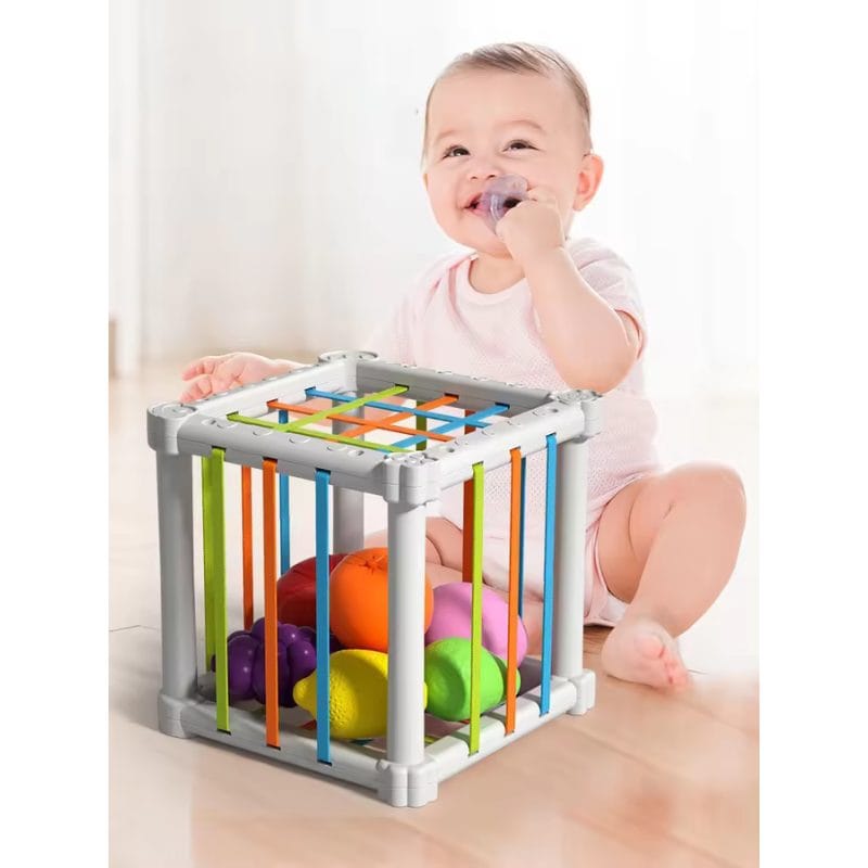 Jucarie Educativa pentru Bebelusi, Cub Elastic cu Fructe, 6 Forme din Plastic Multicolor, Dezvoltare Abilitati Motorii si Cognitive pentru Copii Mici, 11.5x11.5x11.5 Cm, + 1 An - LUDIRO