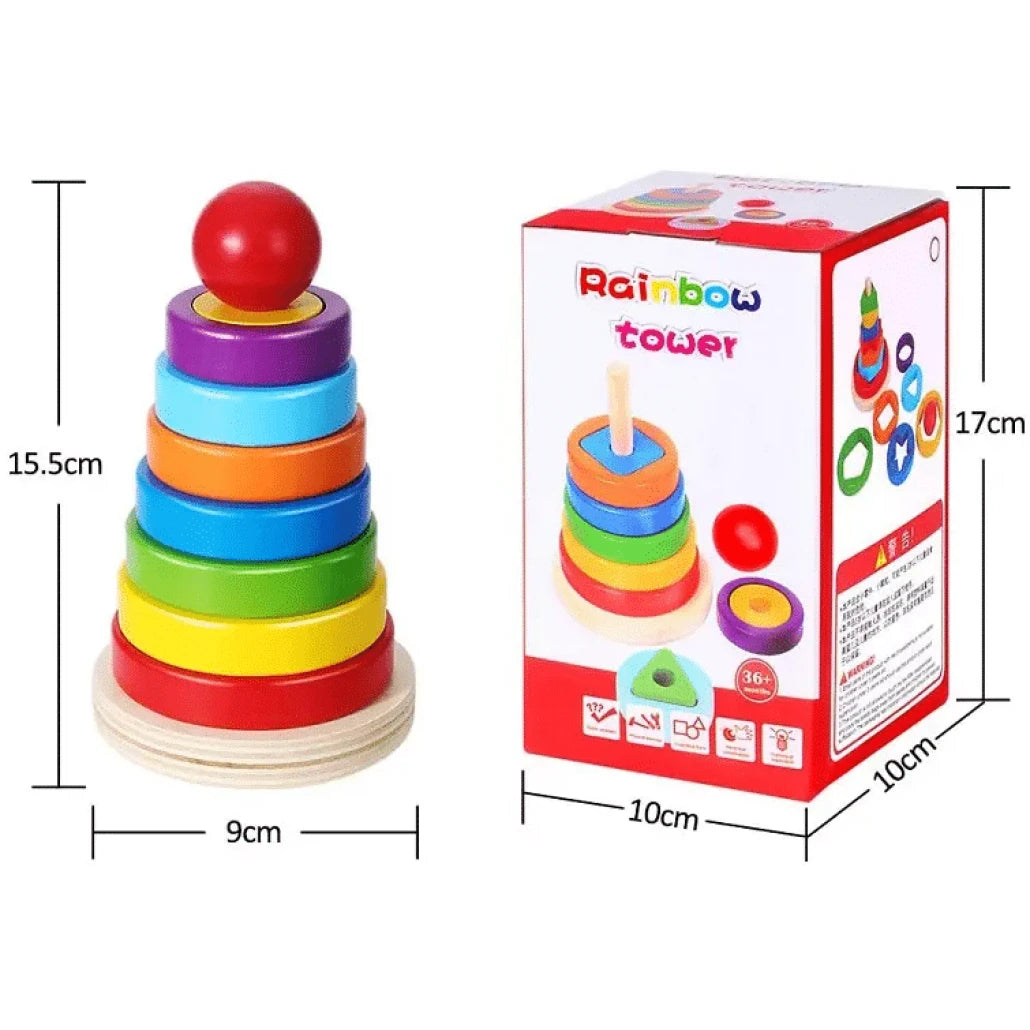 Jucarie din Lemn Educativa de Stivuire cu Forme Geometrice, Turn Montessori, + 3 Ani, 15.5x9 cm - LUDIRO