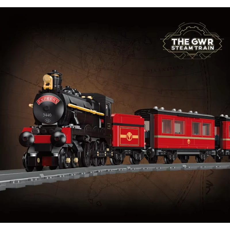 Resigilat - Set de Construit Tren cu Aburi, 789 Piese Reproducere Detaliata a Locomotivei GWR Express 3440, Model de Colectie Cu 3 Vagoane si Sina Inclusa, 78 Cm Lungime, Design Realist pentru Pasionati, Utility - LUDIRO