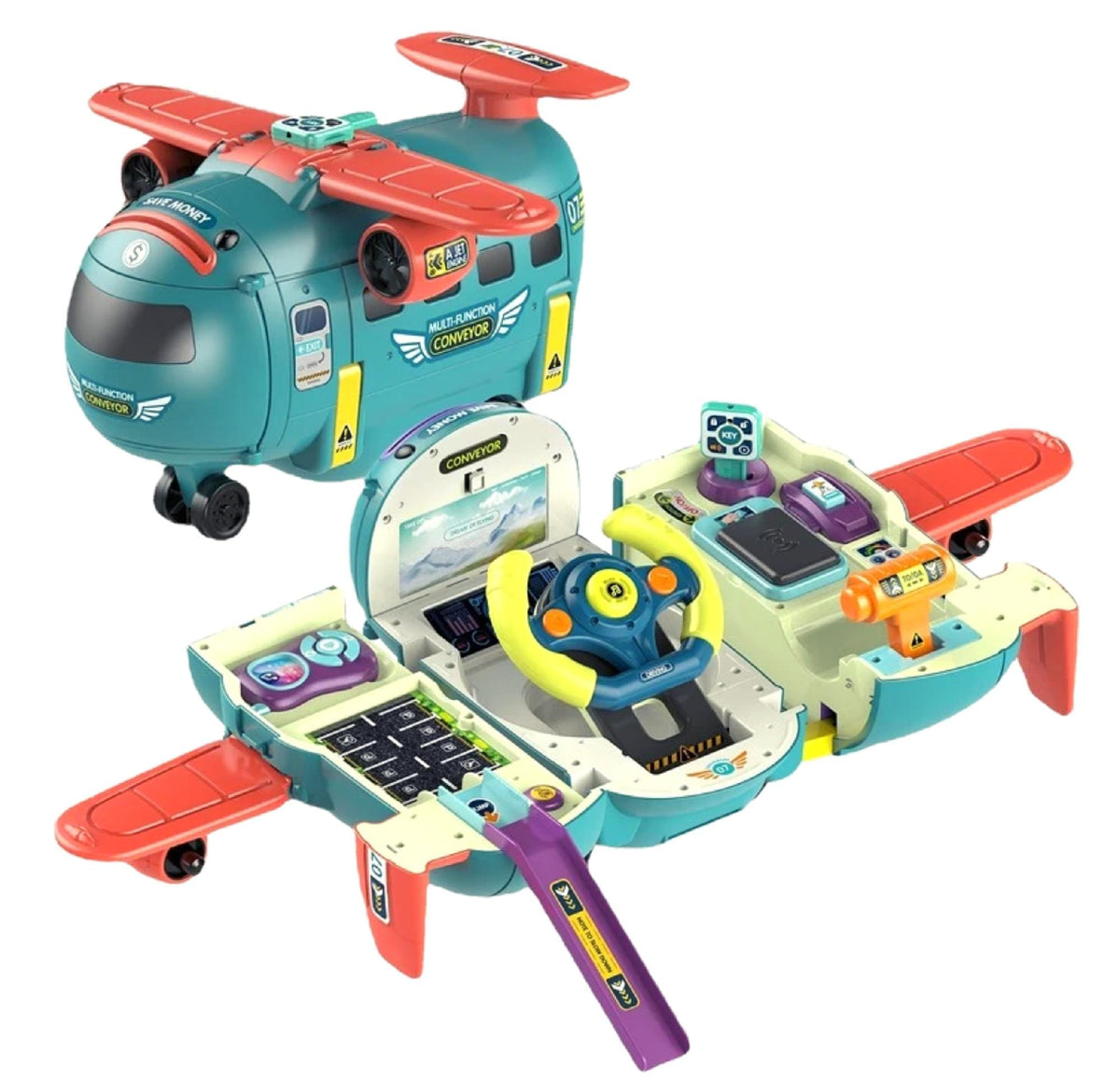 Resigilat - Avion Transformabil Multifunctional, Simulator de Zbor si Condus, Sunete Realiste, 1 Masinuta, Pusculita, Albastru Rosu, 30x29.5x19.5 Cm, + 3 Ani - LUDIRO