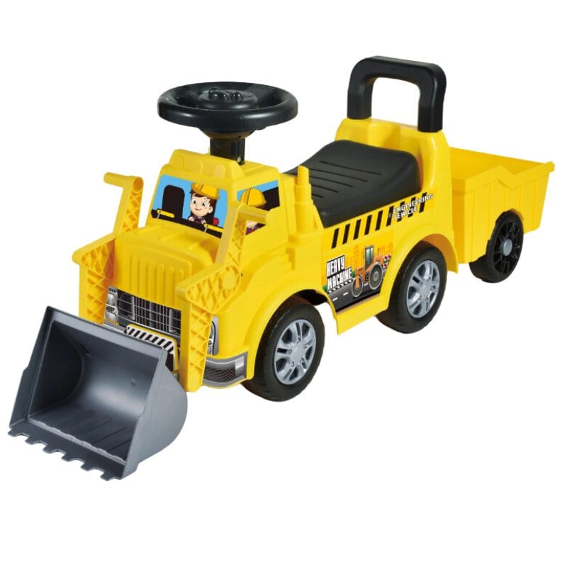 Resigilat - Buldozer Ride On pentru Copii, Cu Remorca, Volan si Claxon, Cupa de Carat Functionala, Scaun Confortabil, Sprijin pentru Spate, 65.5x37x22.5 Cm, +3 Ani, Galben Negru - LUDIRO