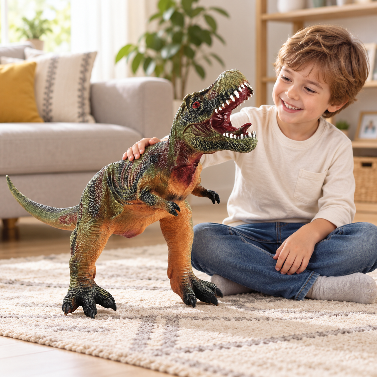 Copil așezat pe covor lângă figurina T-Rex LUDIRO verde-maro, într-un context de joacă acasă.