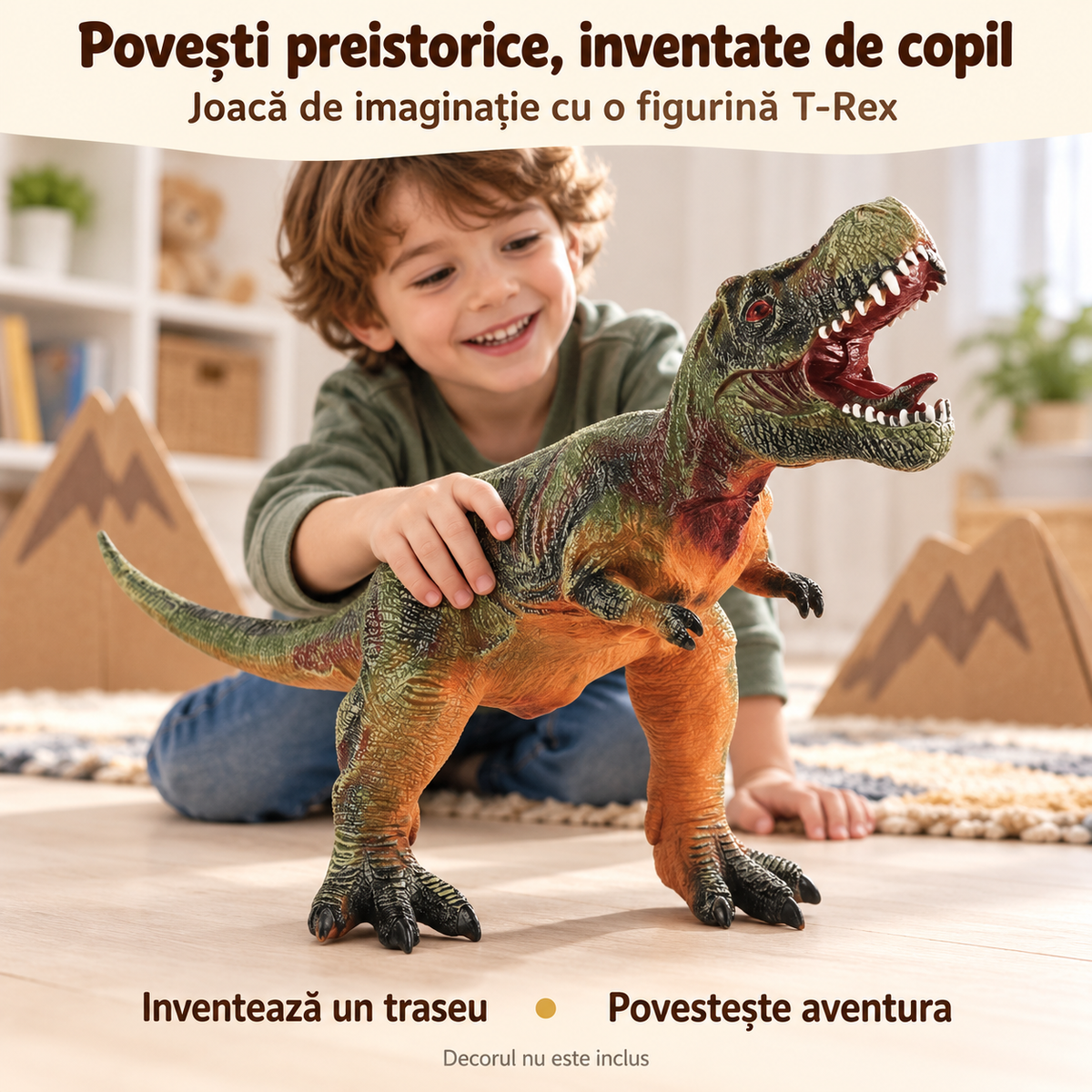 Copil care conduce manual figurina T-Rex LUDIRO într-o aventură imaginată; decorul de carton nu este inclus în pachet.
