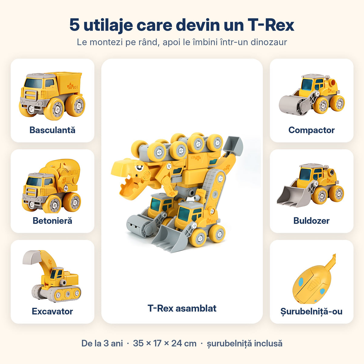Conținutul setului: basculantă, betonieră, excavator, compactor, buldozer și șurubelniță-ou, care formează un T-Rex