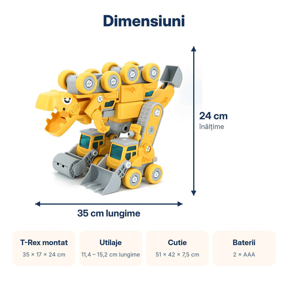 Dimensiunile dinozaurului transformabil: 35 x 17 x 24 cm, cutie de 51 x 42 x 7,5 cm, 2 baterii AAA