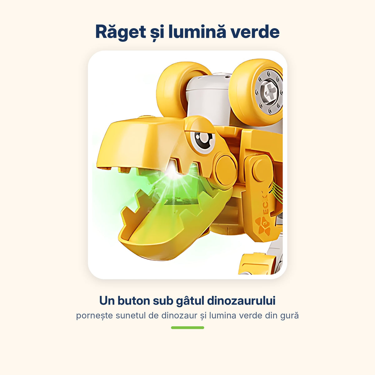 Capul dinozaurului cu lumină verde în gură, pornită de butonul de sub gât