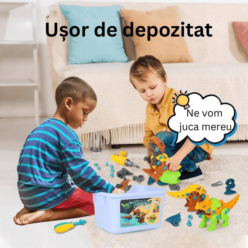 Copii cu dinozaurii LUDIRO și cutia cu mâner folosită pentru depozitarea pieselor