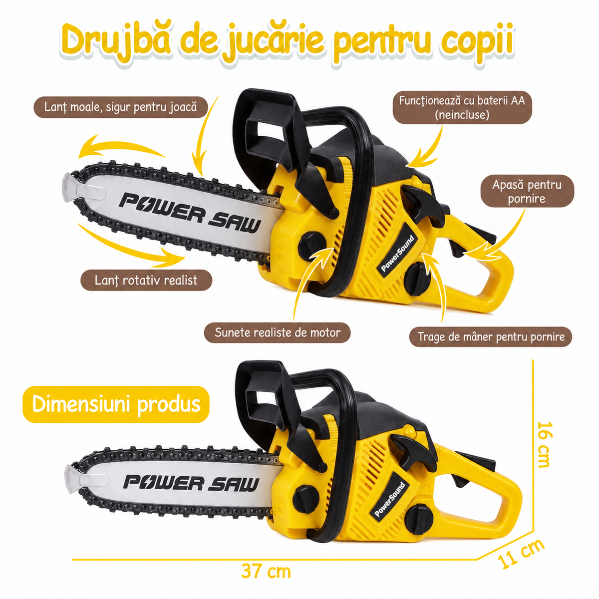 Funcțiile și dimensiunile drujbei de jucărie LUDIRO galben-negru, 37 × 11 × 16 cm
