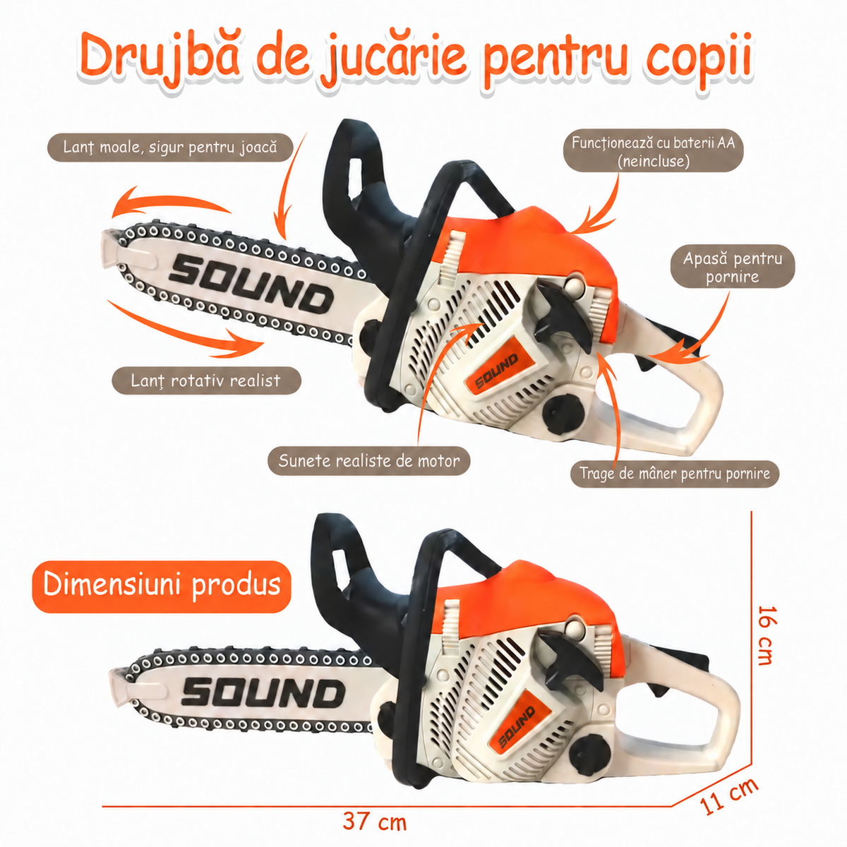 Funcțiile și dimensiunile drujbei de jucărie LUDIRO, 37 × 11 × 16 cm