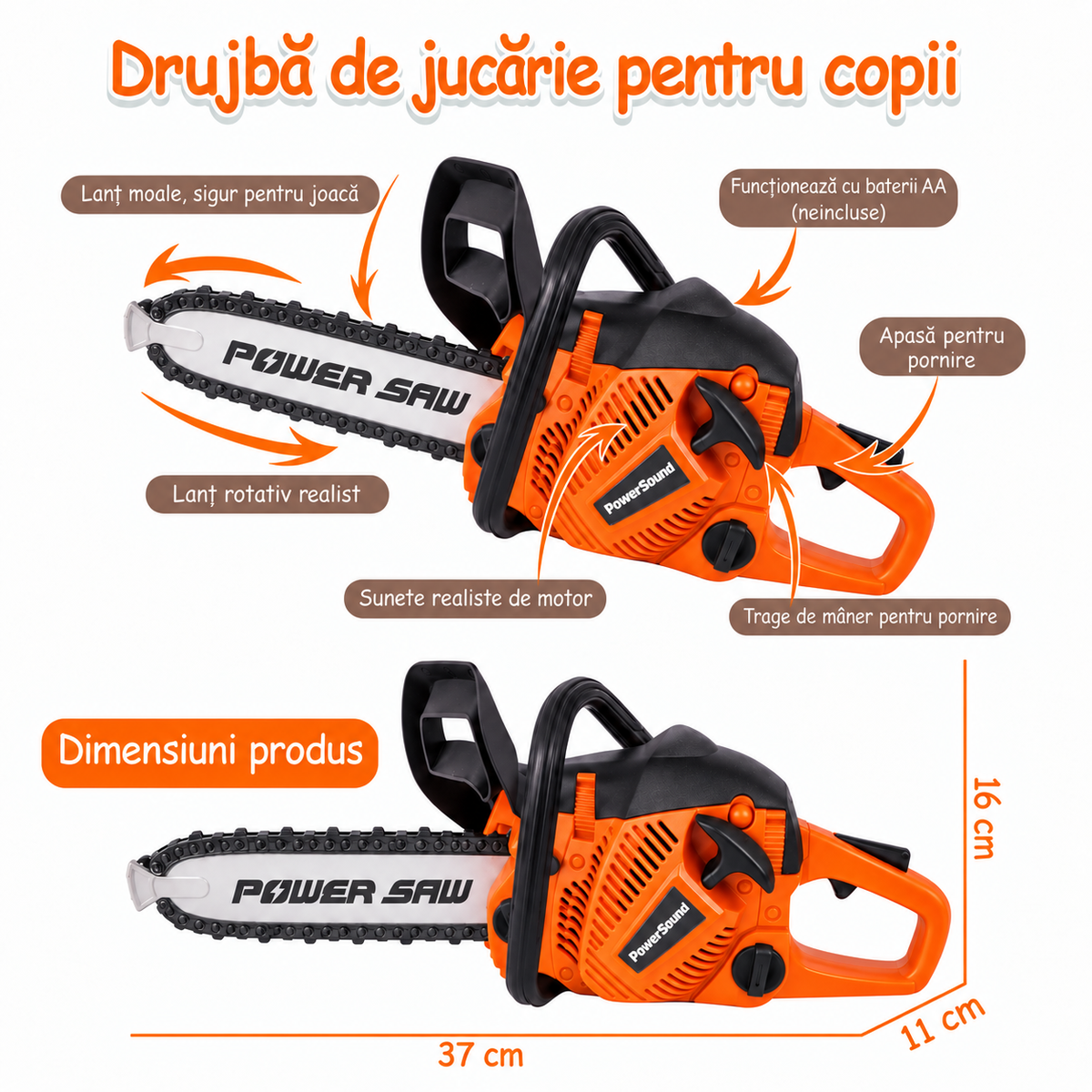 Funcțiile și dimensiunile drujbei de jucărie LUDIRO portocaliu-negru, 37 × 11 × 16 cm