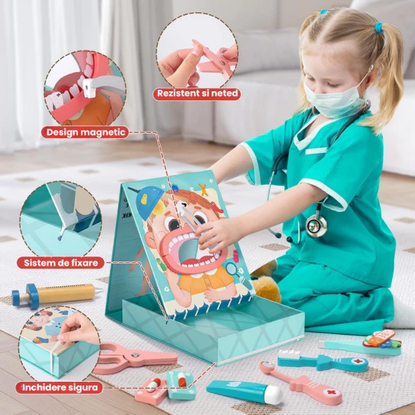 Set Doctor Dentist cu Placa de Suport Magnetică, Roz, 30 Piese, 3+ Ani - LUDIRO