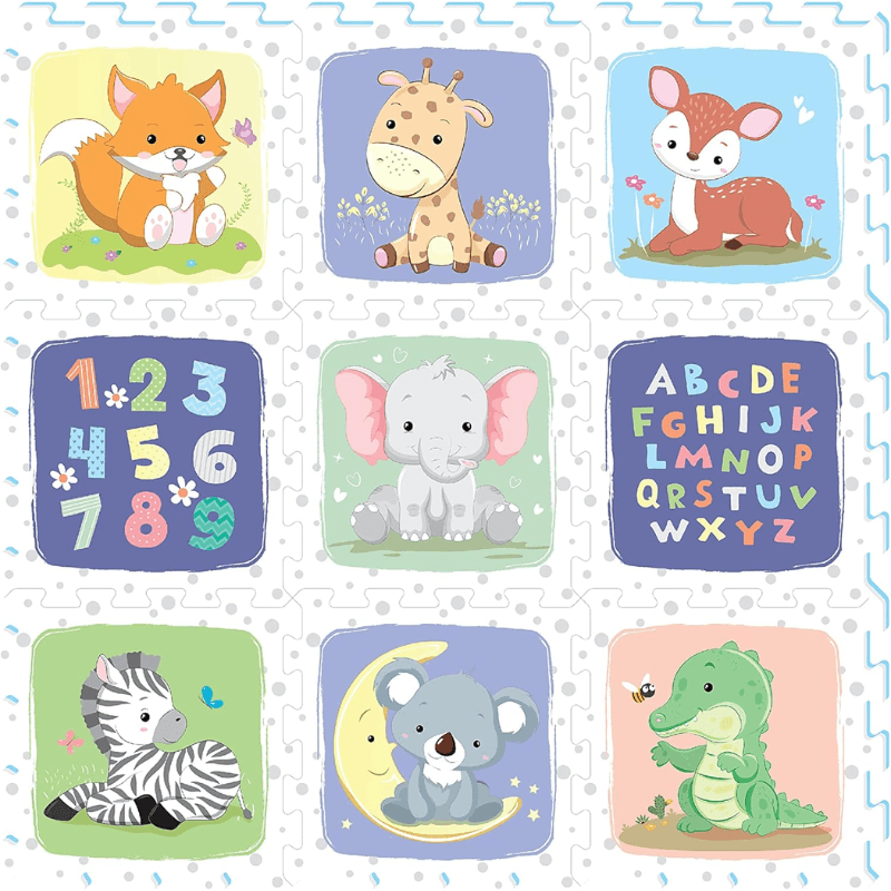 Resigilat - Covor Puzzle din Spuma EVA pentru Copii Ludiro, Set 9 Piese Educationale cu Animale, Litere si Cifre, Sigur, Non-Toxic, Suprafata Totala 89x89 Cm, Asamblare 3D, Joaca si Invatare - LUDIRO