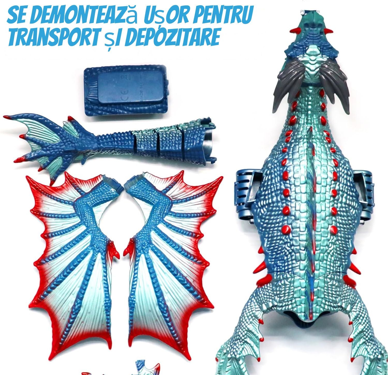 Dragon Interactiv de Apă cu Telecomandă, Funcție Stropire, Lumini, Acumulator Reîncărcabil, 43 cm, Jucărie Piscină, Albastru - LUDIRO