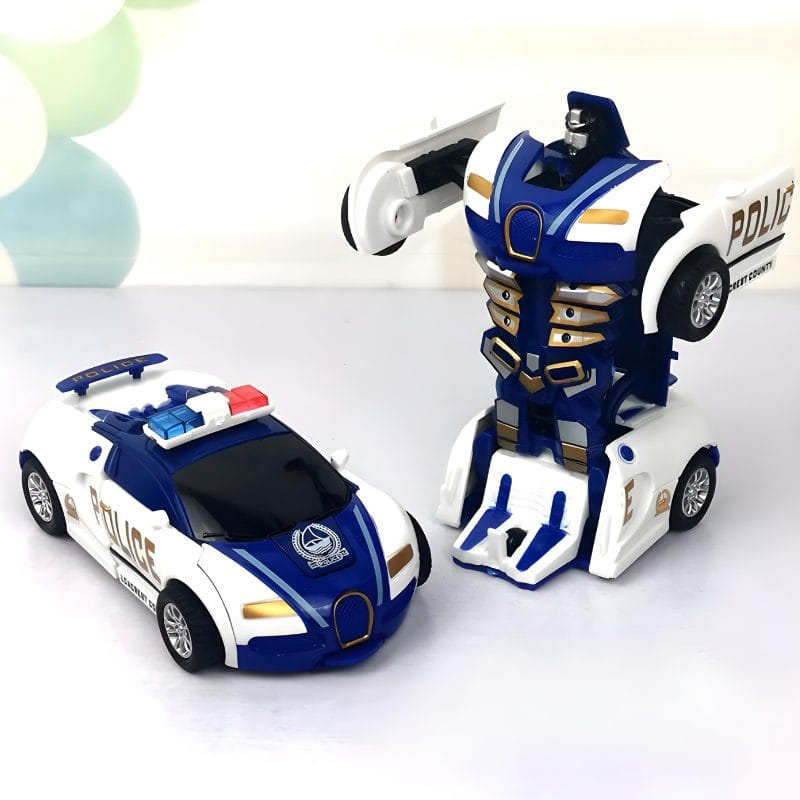 Masinuta de Politie Transformabila in Robot, Deplasare prin Inertie, Transformare la Impact, 12.5x5.5x4.5 Cm, Alb Albastru, + 3 Ani, Utility One - LUDIRO