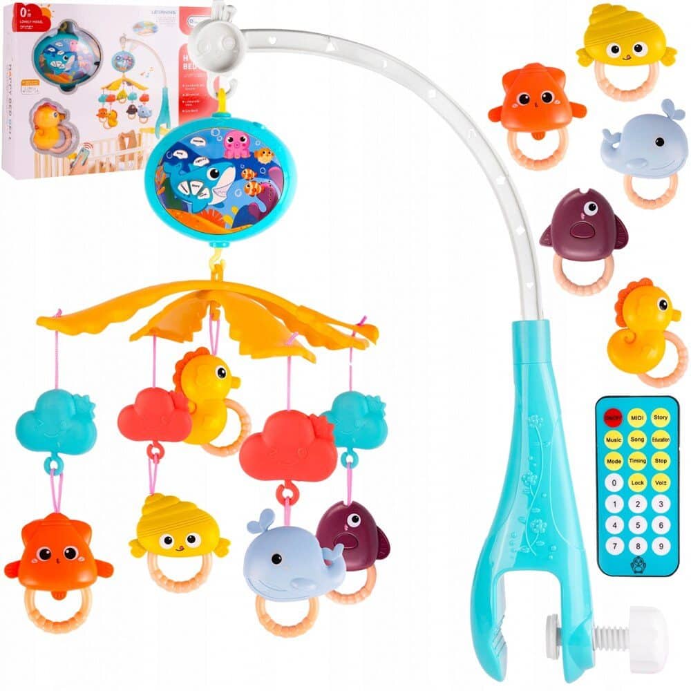 Carusel Muzical cu Telecomanda si Proiector, 200 Melodii, Volum Reglabil, Temporizator de Oprire, Functie Rotire, 54 x 9.5 Cm, Animale Marine, Albastru,+ 0 Luni - LUDIRO