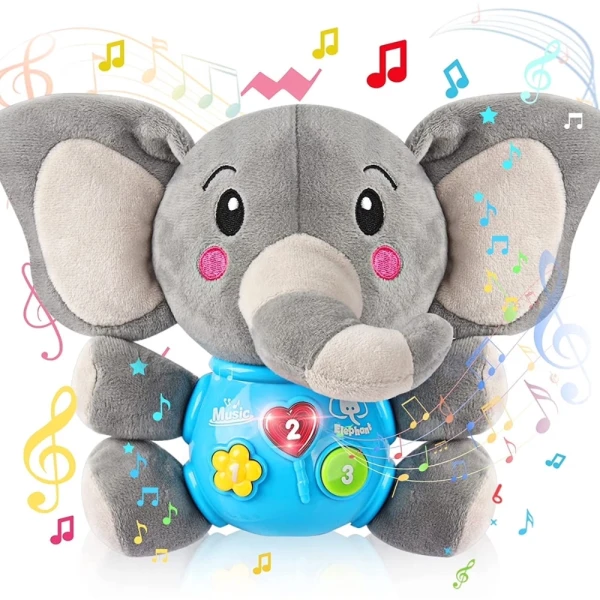 Elefant muzical LUDIRO gri, cu urechi crem și trei butoane pe panoul albastru.