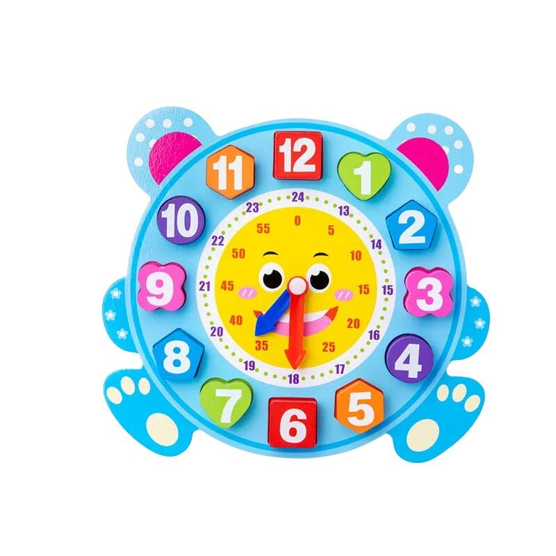 Ceas Educational din Lemn pentru Copii cu Design Dragut, Ursulet Albastru, Instrument Didactic Interactiv pentru Invatarea Orei, Dezvoltarea Abilitatilor Cognitive si Pregatirea Prescolara, 21.5x20 Cm - LUDIRO