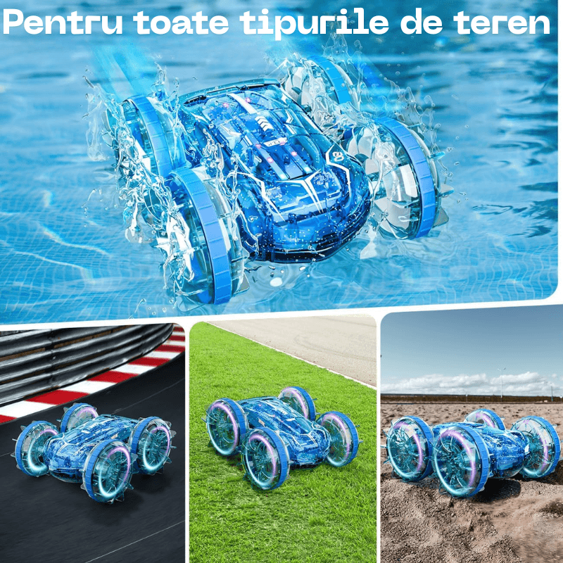 Masinuta RC Amfibie pentru Copii Ludiro, Rotire 360°, Lumini LED, Acumulator USB, Merge si pe Apa si Uscat, Albastru, + 5 Ani - LUDIRO
