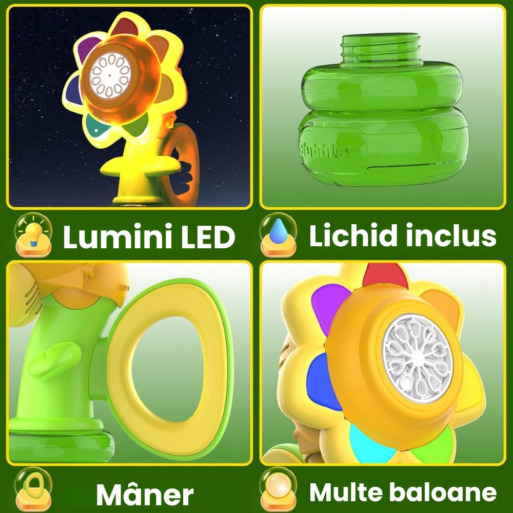 Aparat de Făcut Baloane de Săpun Formă Floare, 3 Moduri, Lumini LED, Anti-Scurgere, Lichid Inclus, +3 Ani - LUDIRO