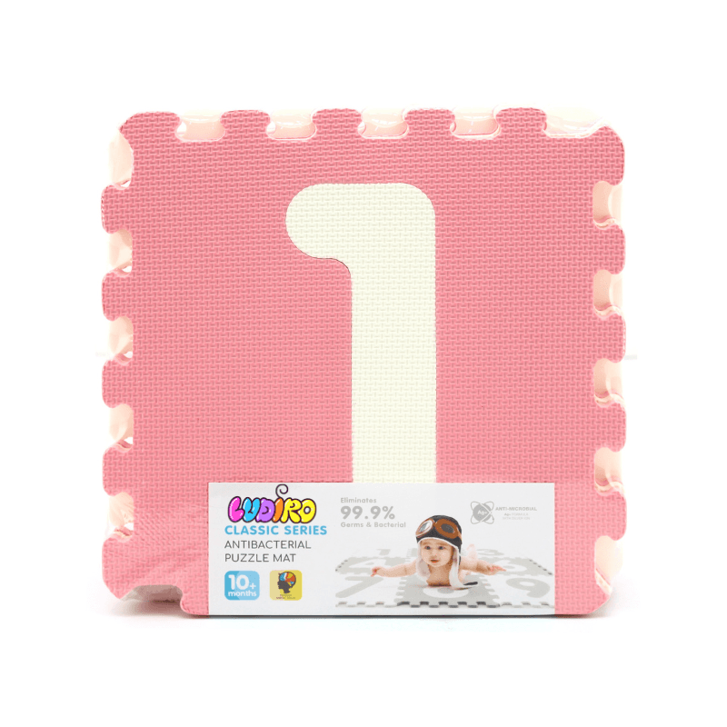 Covor Puzzle Antibacterian cu Cifre 1-9, 9 Piese 32x32 cm, Spuma EVA cu Ioni de Argint, Alb Roz - LUDIRO