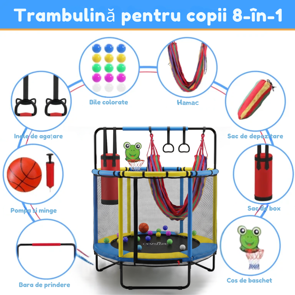 Resigilat - Trambulină pentru copii 8 în 1, Diametru 140 cm, cu plasă de siguranță, hamac, inele și coș de baschet, pentru interior și exterior, Certificare de Siguranta - LUDIRO