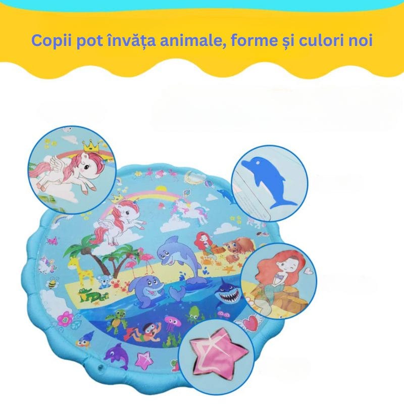 Covoras cu Apa pentru Joaca LUDIRO, Diametru 170 Cm, Fantana Arteziana Interactiva cu Animalute, Unicorn si Delfini, Joaca Distractiva si Educativa in Gradina pentru Copii, 1-6 Ani - LUDIRO
