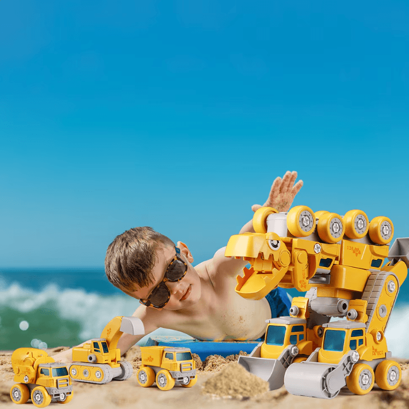 Dinozaur Transformabil 5 in 1 cu Vehicule de Constructii STEM, Sunete si Lumini - LUDIRO