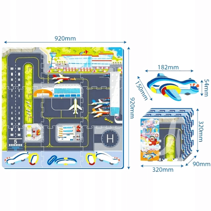 Covor Puzzle din Spuma EVA pentru Copii Ludiro, Set 9 Piese Educationale cu Aeroport, Avion 3D de Asamblat - LUDIRO