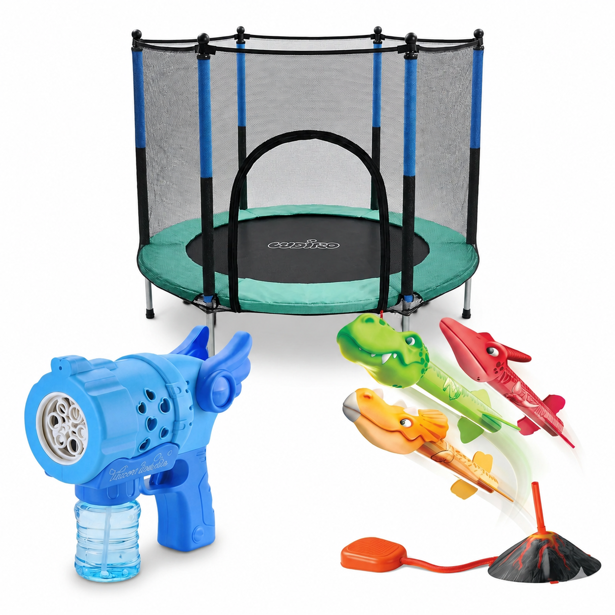 Pachet Curte Activă pentru Băieți – Trambulina 140 cm Galbenă cu Plasă de Protecție + Set Rachete Dinozaur cu Lansator Vulcan + Pistol Baloane Săpun Îngeraș Albastru cu 6 Guri și LED | Exterior - LUDIRO