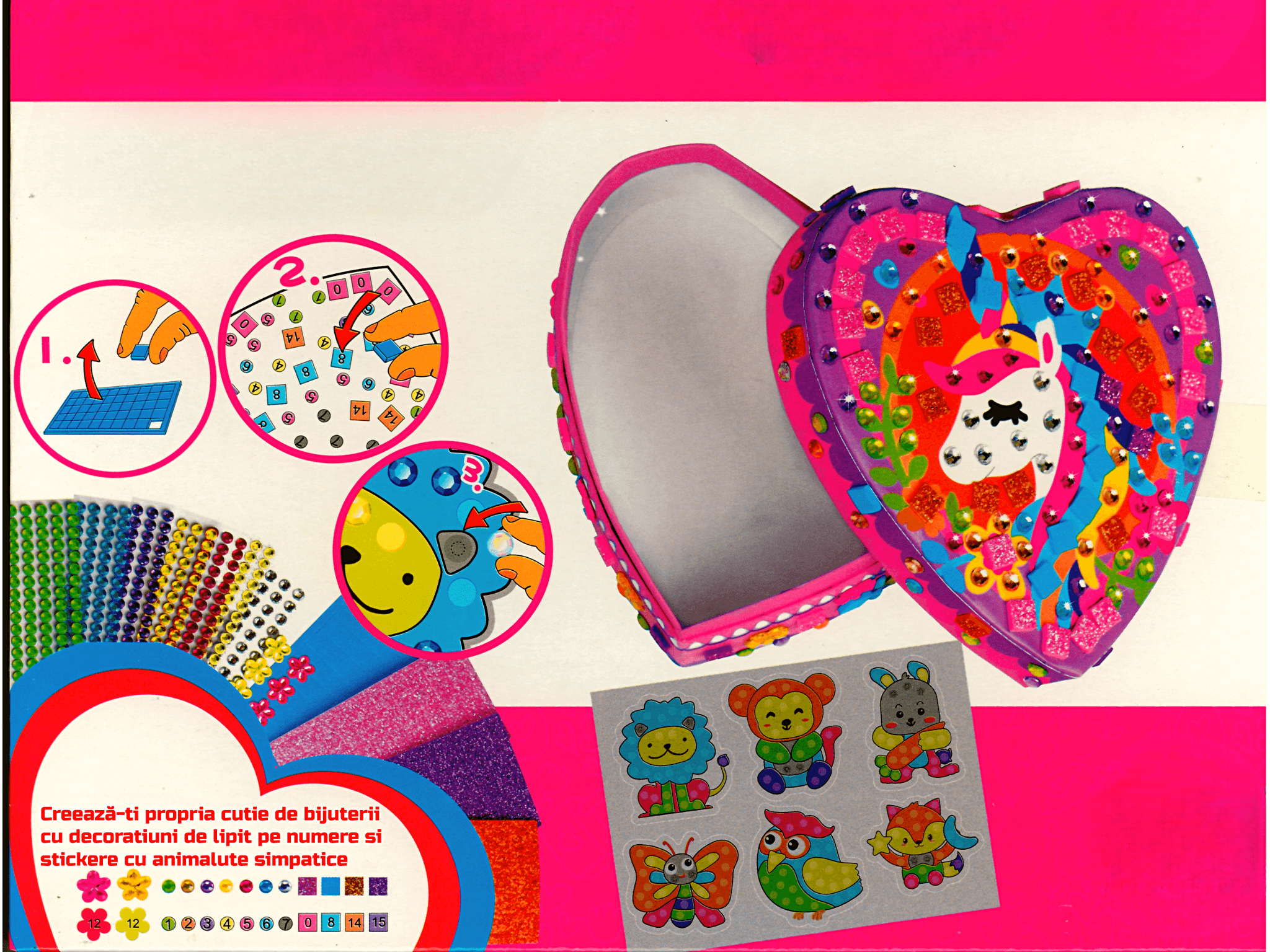 Set Artizanat pentru Copii – Cutie de Bijuterii Inimioară cu Mozaic pe Numere și Stickere cu Animale – 595 Piese, Activitate Creativă 5+ Ani – 12x13x5.5 cm - LUDIRO